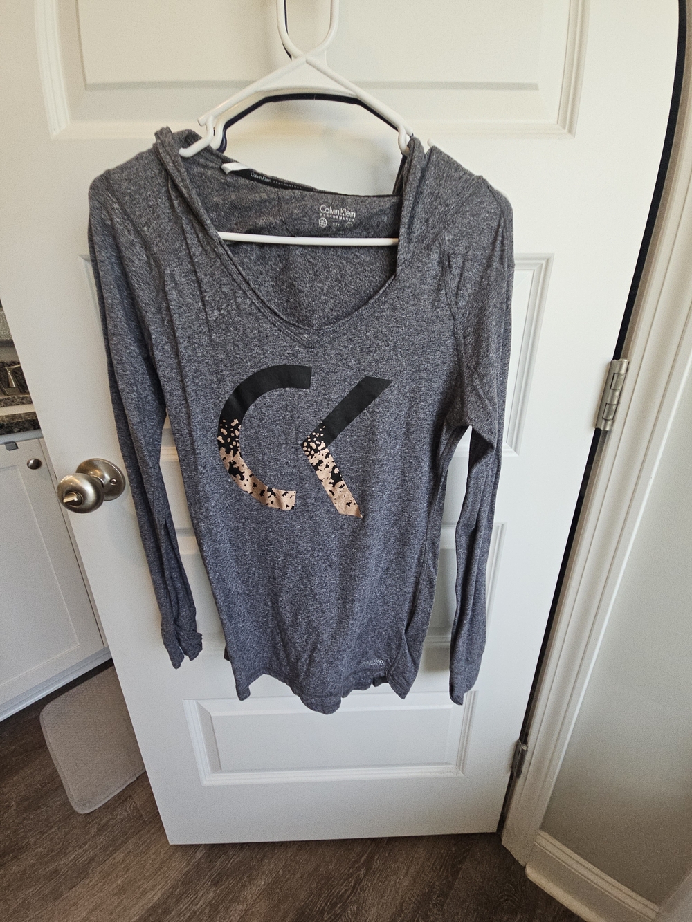 Calvin Klein Performance Gray Hooded Long-Sleeve Top with Metallic Logo Accent